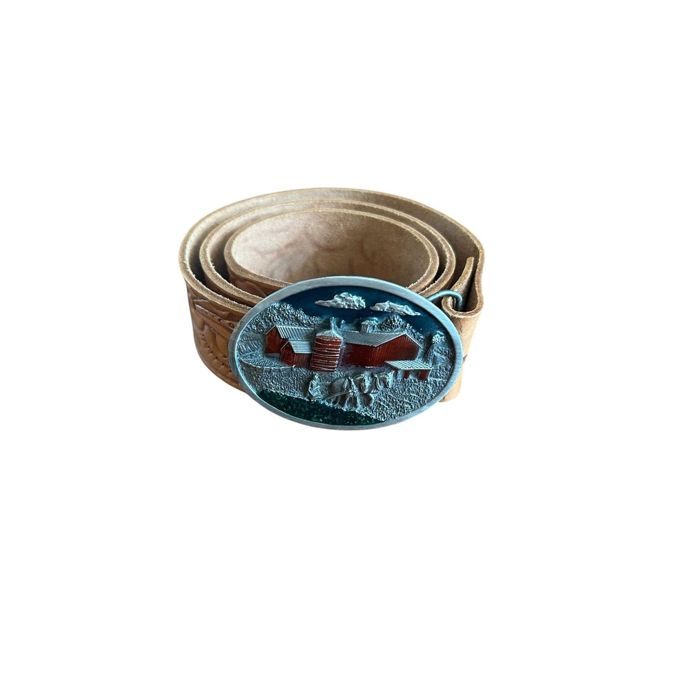 Vintage 1984 Bergamot Brass Works Farm Horse‎ Belt Buckle Tooled Leather Tan